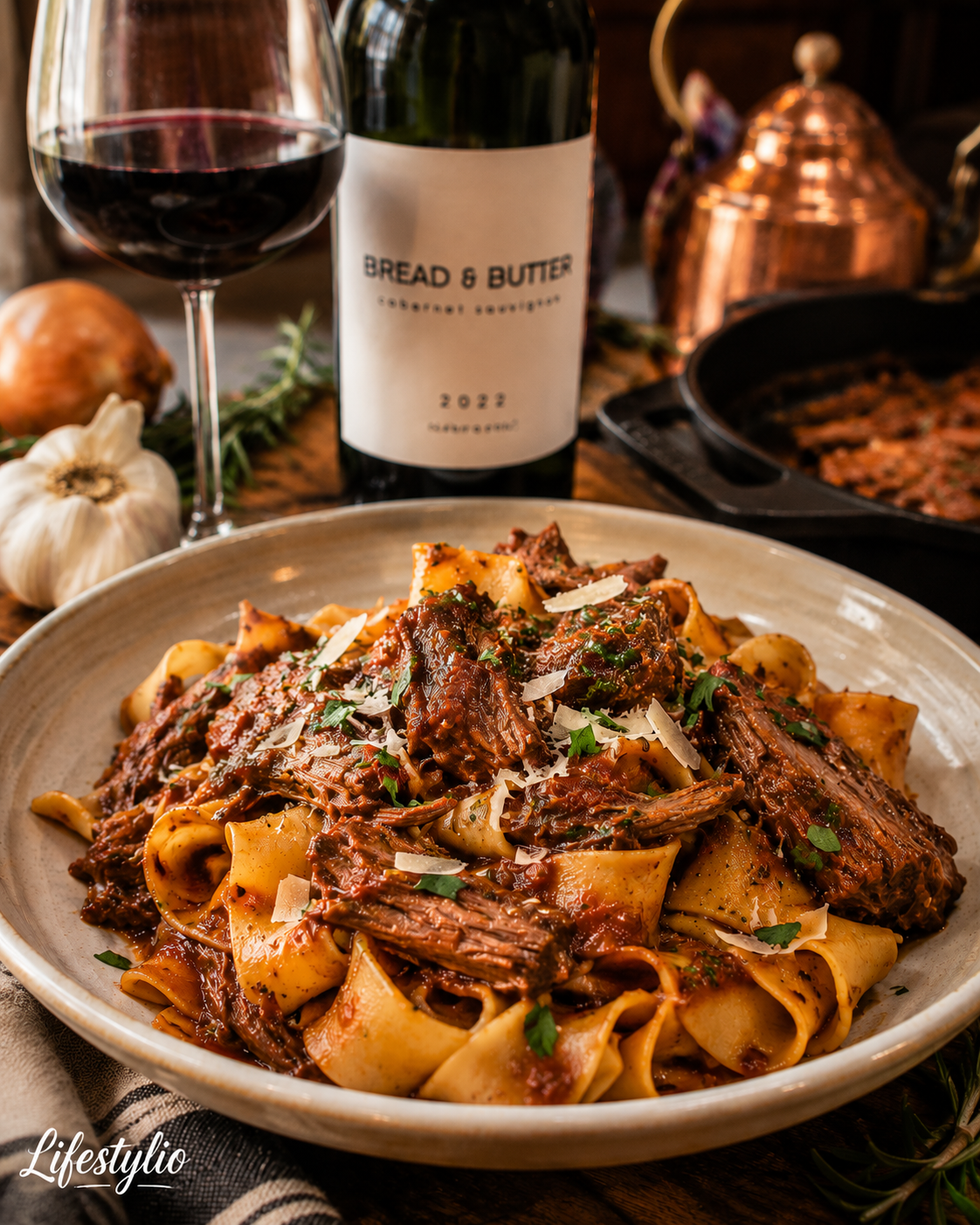 Plate of Chuck Roast & Pappardelle in Tomato Wine Sauce