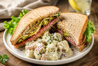 Sandwich with salami, lettuce and alpha sprouts laying on a white plate. Potato salad as a side.