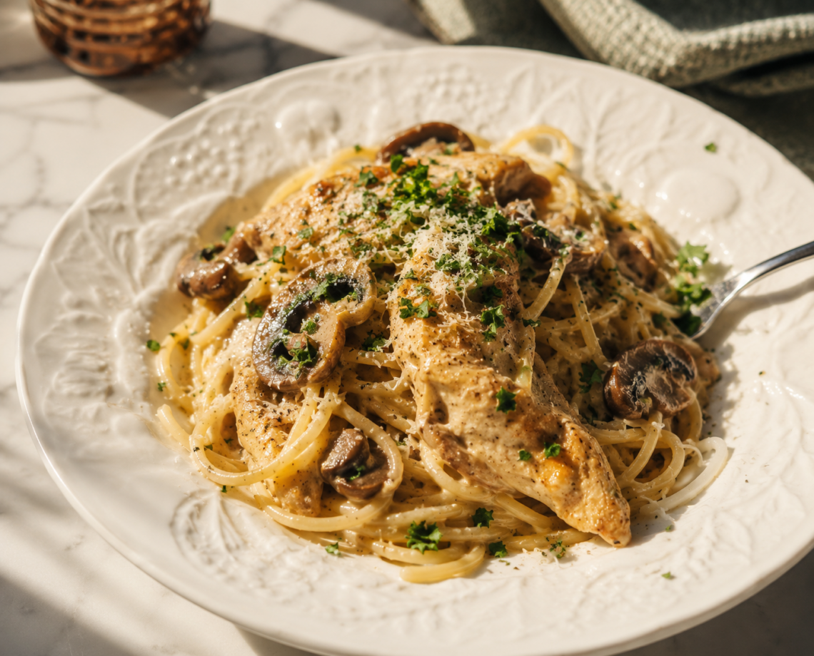 Creamy chicken spaghetti with mushrooms, pepper jack cheese, and imported Italian pasta served in a white bowl.